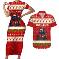 Iceland Christmas Couples Matching Short Sleeve Bodycon Dress and Hawaiian Shirt with Red Snowflake Pattern Yule Cat and National Coat of Arms Motif - Wonder Print Shop