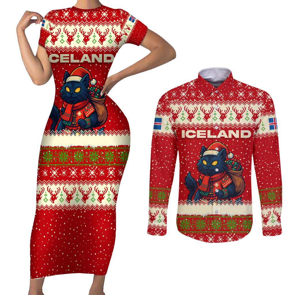 Iceland Christmas Couples Matching Short Sleeve Bodycon Dress and Long Sleeve Button Shirt with Red Snowflake Pattern Yule Cat and National Coat of Arms Motif - Wonder Print Shop