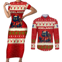 Iceland Christmas Couples Matching Short Sleeve Bodycon Dress and Long Sleeve Button Shirt with Red Snowflake Pattern Yule Cat and National Coat of Arms Motif - Wonder Print Shop