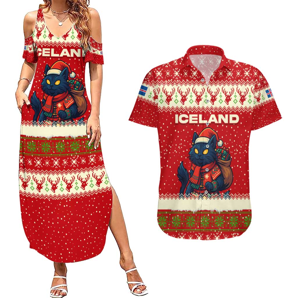 Iceland Christmas Couples Matching Summer Maxi Dress and Hawaiian Shirt with Red Snowflake Pattern Yule Cat and National Coat of Arms Motif - Wonder Print Shop