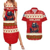 Iceland Christmas Couples Matching Summer Maxi Dress and Hawaiian Shirt with Red Snowflake Pattern Yule Cat and National Coat of Arms Motif - Wonder Print Shop