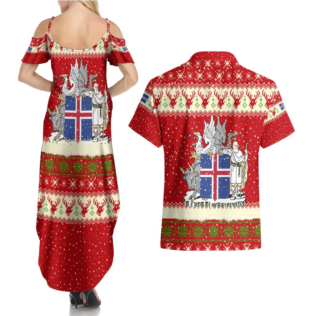 Iceland Christmas Couples Matching Summer Maxi Dress and Hawaiian Shirt with Red Snowflake Pattern Yule Cat and National Coat of Arms Motif - Wonder Print Shop