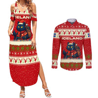 Iceland Christmas Couples Matching Summer Maxi Dress and Long Sleeve Button Shirt with Red Snowflake Pattern Yule Cat and National Coat of Arms Motif - Wonder Print Shop