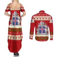 Iceland Christmas Couples Matching Summer Maxi Dress and Long Sleeve Button Shirt with Red Snowflake Pattern Yule Cat and National Coat of Arms Motif - Wonder Print Shop