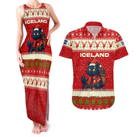 Iceland Christmas Couples Matching Tank Maxi Dress and Hawaiian Shirt with Red Snowflake Pattern Yule Cat and National Coat of Arms Motif - Wonder Print Shop