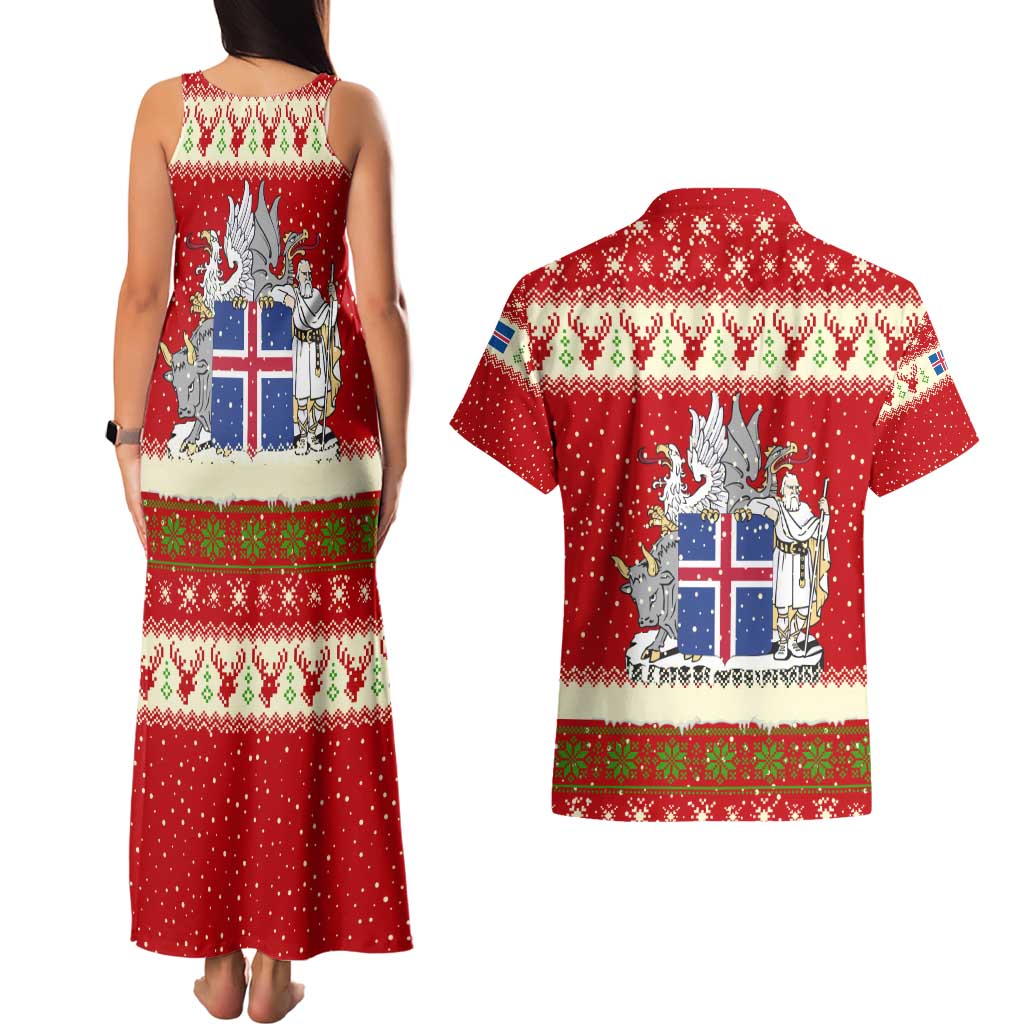 Iceland Christmas Couples Matching Tank Maxi Dress and Hawaiian Shirt with Red Snowflake Pattern Yule Cat and National Coat of Arms Motif - Wonder Print Shop
