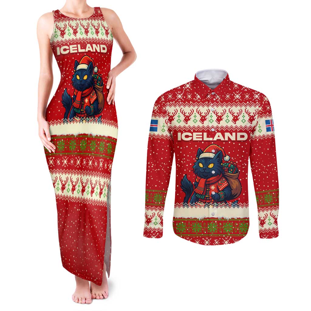 Iceland Christmas Couples Matching Tank Maxi Dress and Long Sleeve Button Shirt with Red Snowflake Pattern Yule Cat and National Coat of Arms Motif - Wonder Print Shop