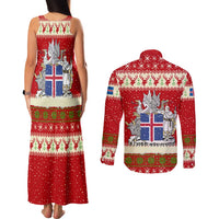 Iceland Christmas Couples Matching Tank Maxi Dress and Long Sleeve Button Shirt with Red Snowflake Pattern Yule Cat and National Coat of Arms Motif - Wonder Print Shop