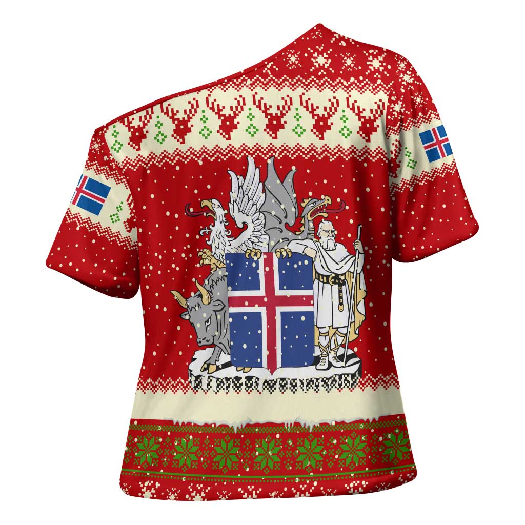 Iceland Christmas Cross Shoulder Shirt with Red Snowflake Pattern Yule Cat and National Coat of Arms Motif - Wonder Print Shop