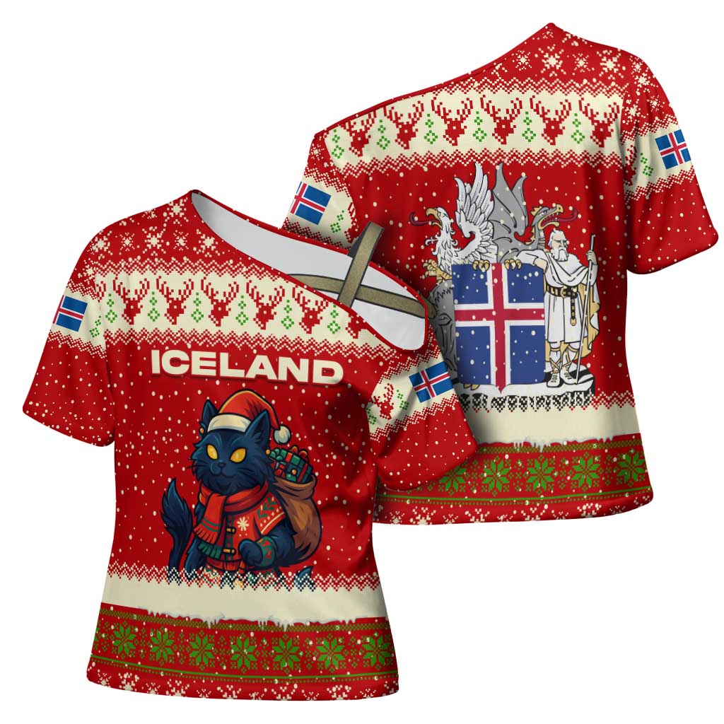 Iceland Christmas Cross Shoulder Shirt with Red Snowflake Pattern Yule Cat and National Coat of Arms Motif - Wonder Print Shop
