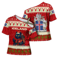Iceland Christmas Cross Shoulder Shirt with Red Snowflake Pattern Yule Cat and National Coat of Arms Motif - Wonder Print Shop
