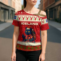 Iceland Christmas Cross Shoulder Shirt with Red Snowflake Pattern Yule Cat and National Coat of Arms Motif - Wonder Print Shop