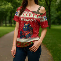 Iceland Christmas Cross Shoulder Shirt with Red Snowflake Pattern Yule Cat and National Coat of Arms Motif - Wonder Print Shop