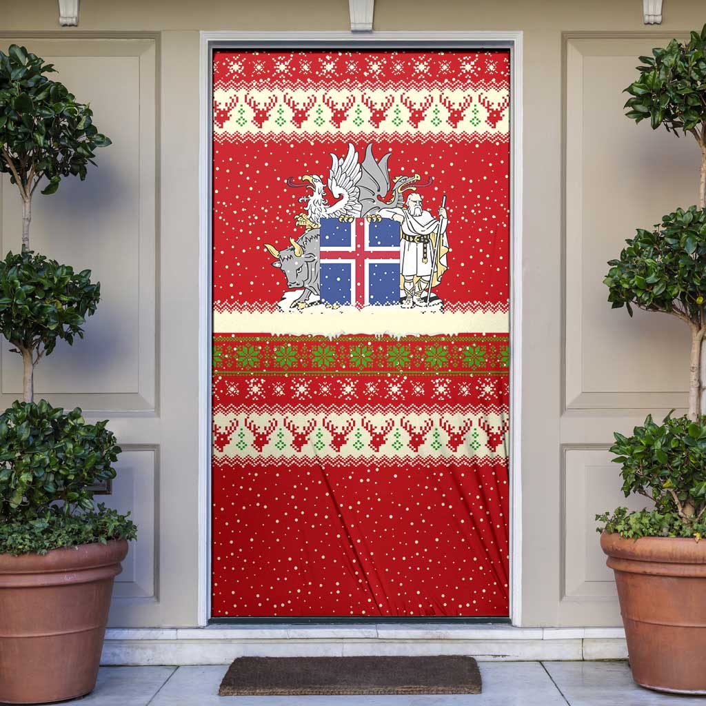 Iceland Christmas Door Cover with Red Snowflake Pattern Yule Cat and National Coat of Arms Motif - Wonder Print Shop