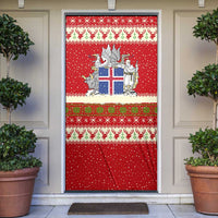Iceland Christmas Door Cover with Red Snowflake Pattern Yule Cat and National Coat of Arms Motif - Wonder Print Shop