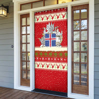 Iceland Christmas Door Cover with Red Snowflake Pattern Yule Cat and National Coat of Arms Motif - Wonder Print Shop