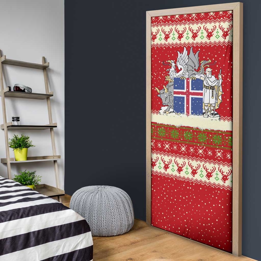 Iceland Christmas Door Cover with Red Snowflake Pattern Yule Cat and National Coat of Arms Motif - Wonder Print Shop