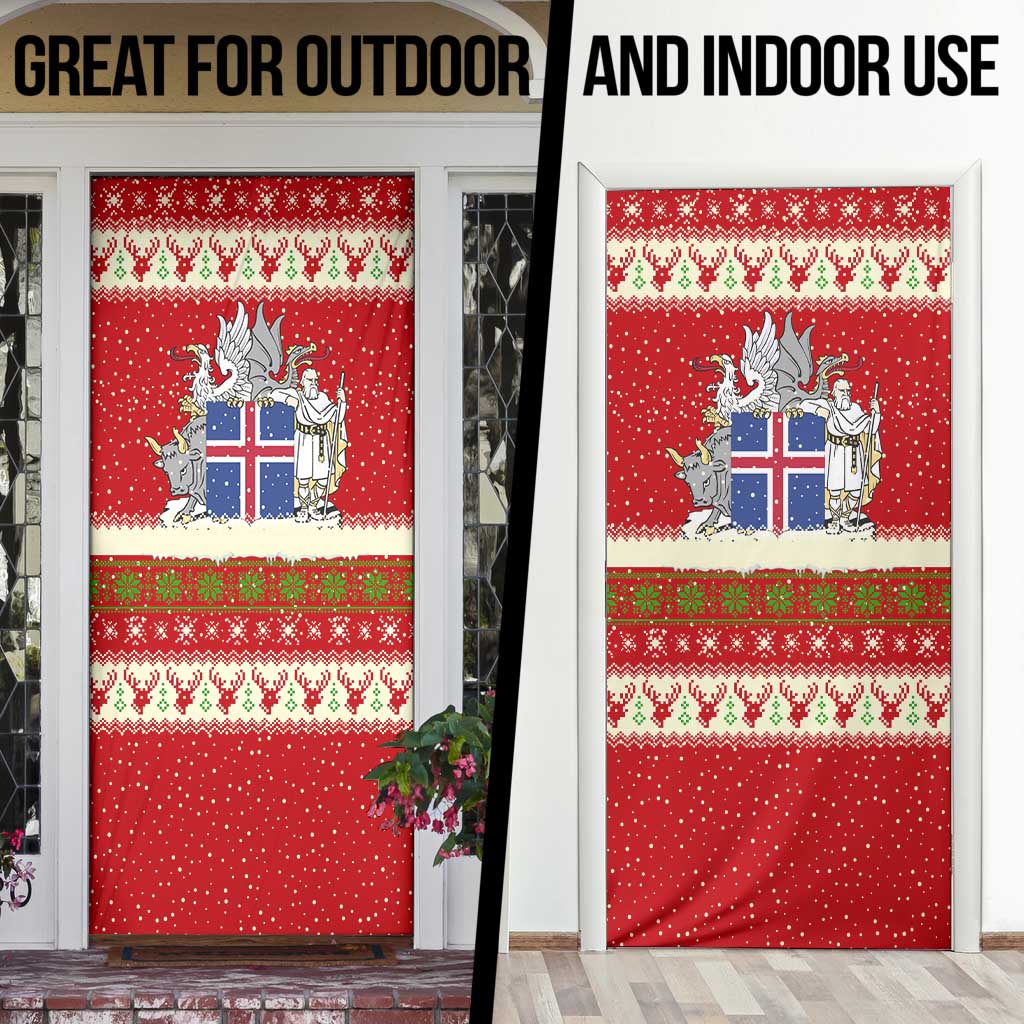 Iceland Christmas Door Cover with Red Snowflake Pattern Yule Cat and National Coat of Arms Motif - Wonder Print Shop