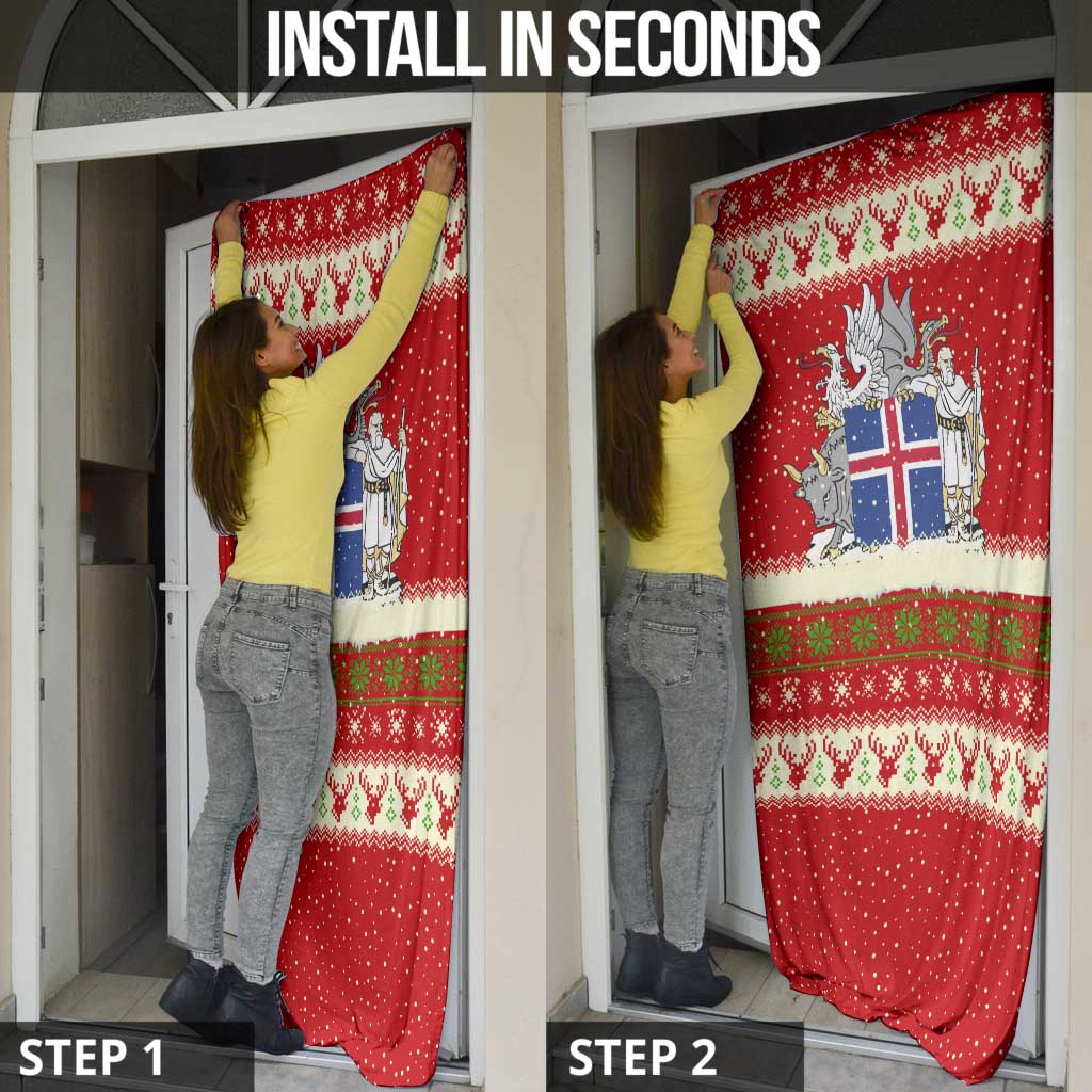 Iceland Christmas Door Cover with Red Snowflake Pattern Yule Cat and National Coat of Arms Motif - Wonder Print Shop
