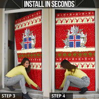 Iceland Christmas Door Cover with Red Snowflake Pattern Yule Cat and National Coat of Arms Motif - Wonder Print Shop