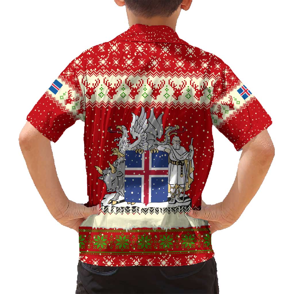 Iceland Christmas Family Matching Long Sleeve Bodycon Dress and Hawaiian Shirt with Red Snowflake Pattern Yule Cat and National Coat of Arms Motif - Wonder Print Shop