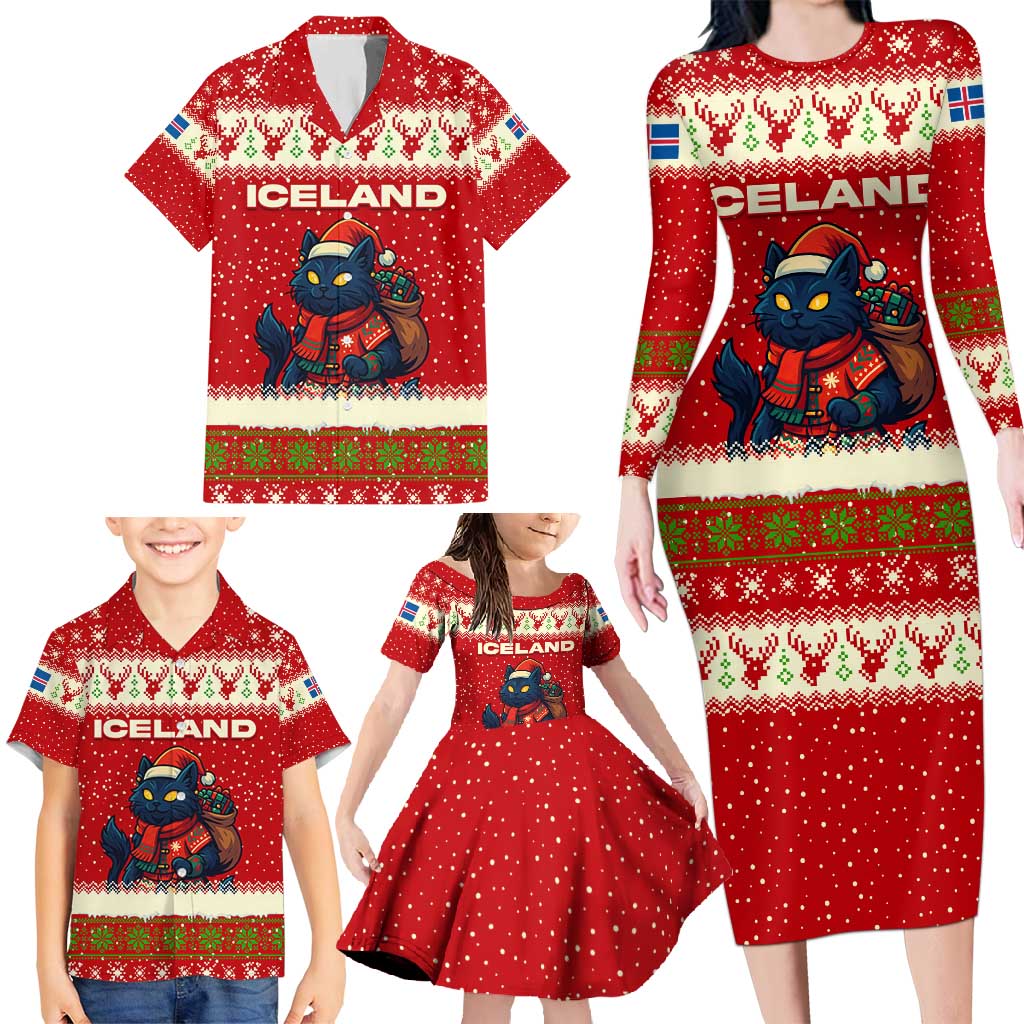 Iceland Christmas Family Matching Long Sleeve Bodycon Dress and Hawaiian Shirt with Red Snowflake Pattern Yule Cat and National Coat of Arms Motif - Wonder Print Shop