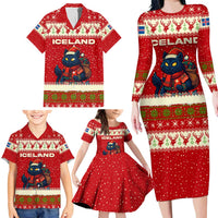 Iceland Christmas Family Matching Long Sleeve Bodycon Dress and Hawaiian Shirt with Red Snowflake Pattern Yule Cat and National Coat of Arms Motif - Wonder Print Shop