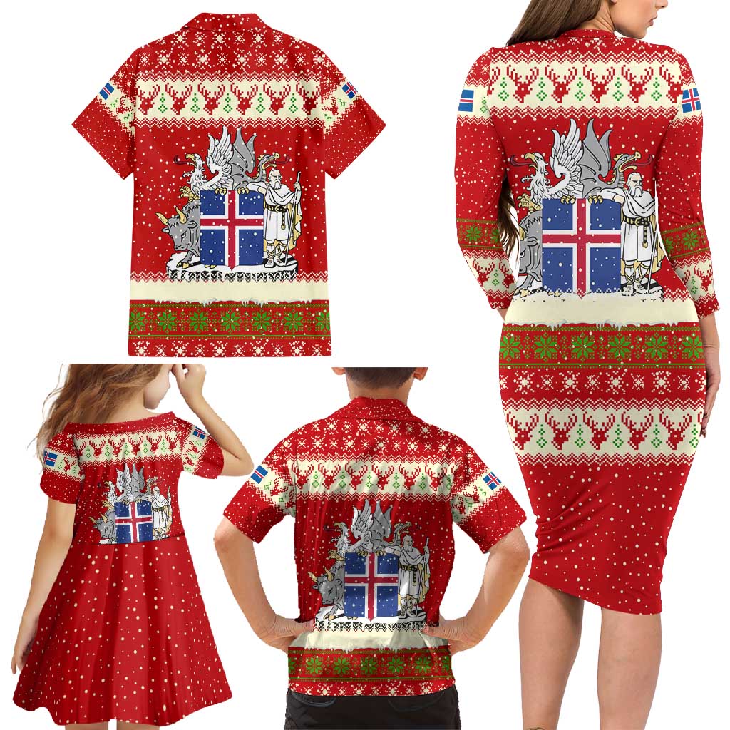 Iceland Christmas Family Matching Long Sleeve Bodycon Dress and Hawaiian Shirt with Red Snowflake Pattern Yule Cat and National Coat of Arms Motif - Wonder Print Shop