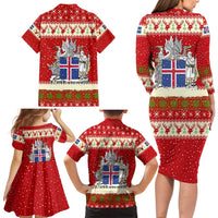 Iceland Christmas Family Matching Long Sleeve Bodycon Dress and Hawaiian Shirt with Red Snowflake Pattern Yule Cat and National Coat of Arms Motif - Wonder Print Shop