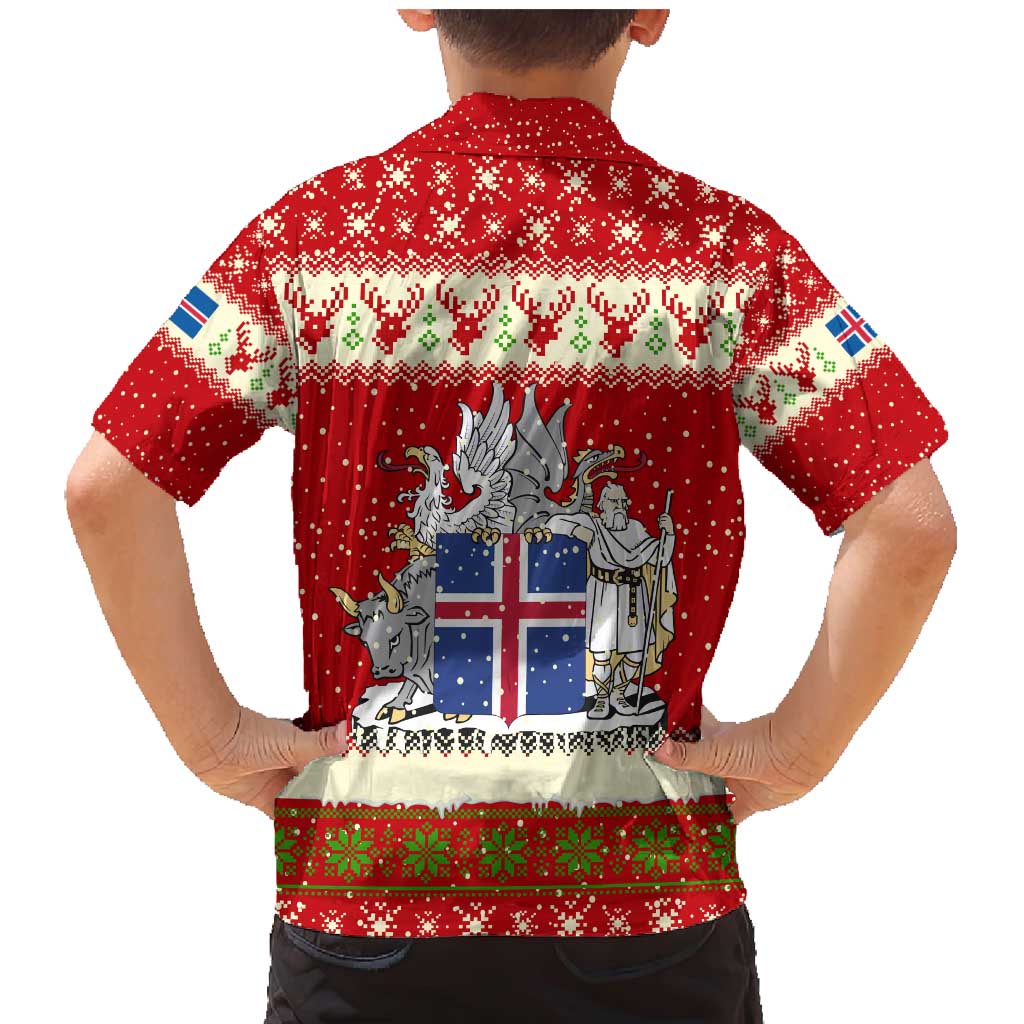 Iceland Christmas Family Matching Mermaid Dress and Hawaiian Shirt with Red Snowflake Pattern Yule Cat and National Coat of Arms Motif - Wonder Print Shop