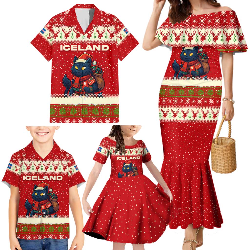 Iceland Christmas Family Matching Mermaid Dress and Hawaiian Shirt with Red Snowflake Pattern Yule Cat and National Coat of Arms Motif - Wonder Print Shop