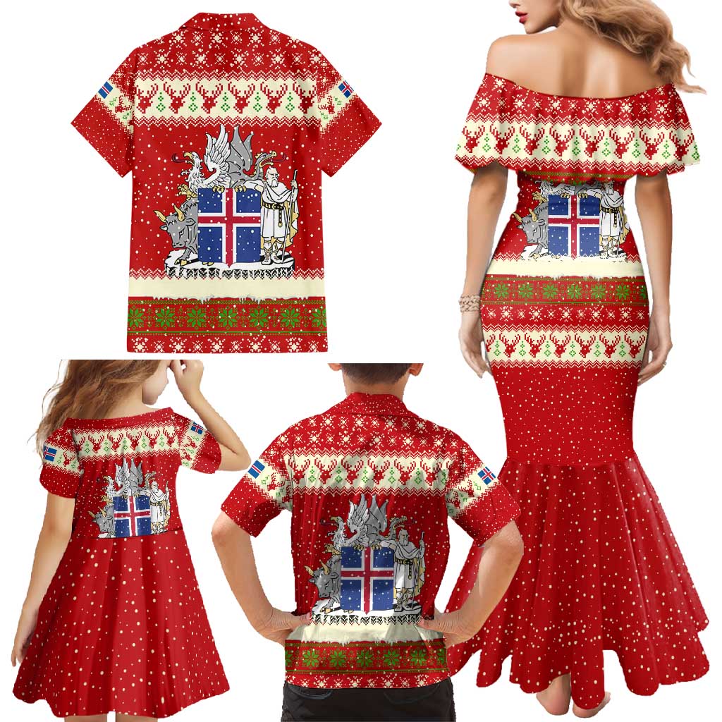 Iceland Christmas Family Matching Mermaid Dress and Hawaiian Shirt with Red Snowflake Pattern Yule Cat and National Coat of Arms Motif - Wonder Print Shop