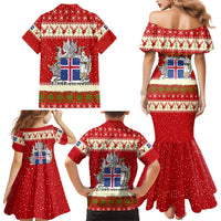 Iceland Christmas Family Matching Mermaid Dress and Hawaiian Shirt with Red Snowflake Pattern Yule Cat and National Coat of Arms Motif - Wonder Print Shop