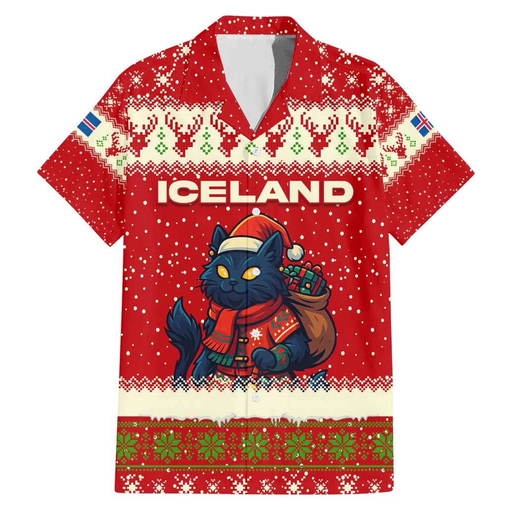 Iceland Christmas Family Matching Mermaid Dress and Hawaiian Shirt with Red Snowflake Pattern Yule Cat and National Coat of Arms Motif - Wonder Print Shop