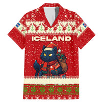 Iceland Christmas Family Matching Mermaid Dress and Hawaiian Shirt with Red Snowflake Pattern Yule Cat and National Coat of Arms Motif - Wonder Print Shop