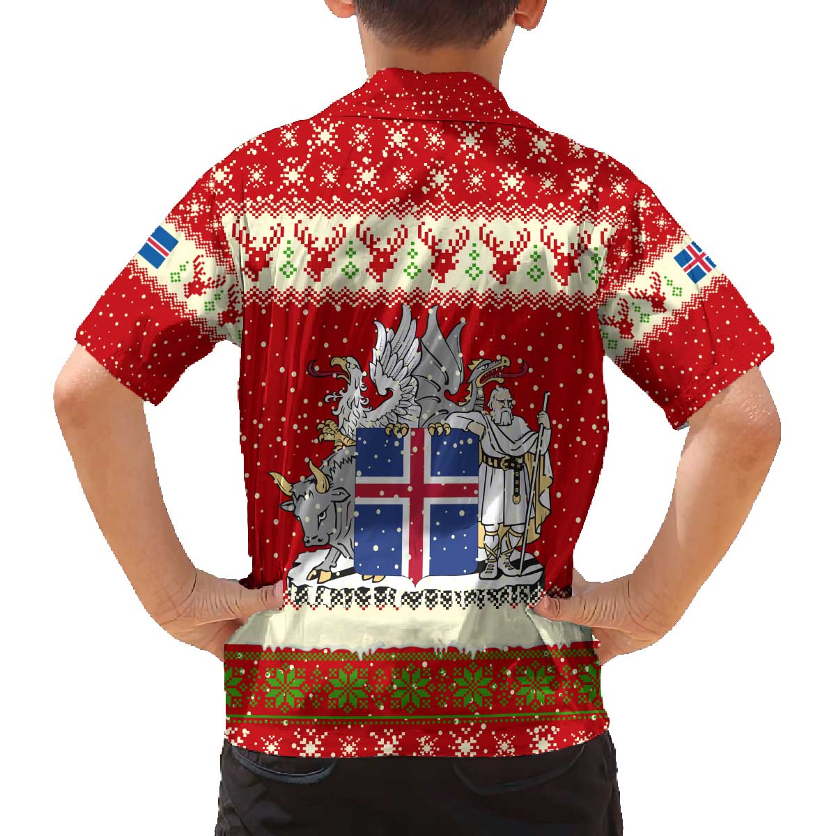Iceland Christmas Family Matching Off The Shoulder Long Sleeve Dress and Hawaiian Shirt with Red Snowflake Pattern Yule Cat and National Coat of Arms Motif - Wonder Print Shop