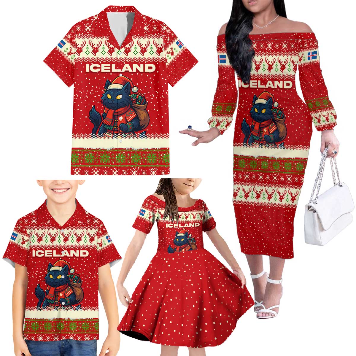 Iceland Christmas Family Matching Off The Shoulder Long Sleeve Dress and Hawaiian Shirt with Red Snowflake Pattern Yule Cat and National Coat of Arms Motif - Wonder Print Shop