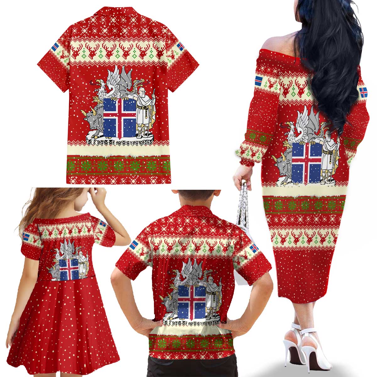 Iceland Christmas Family Matching Off The Shoulder Long Sleeve Dress and Hawaiian Shirt with Red Snowflake Pattern Yule Cat and National Coat of Arms Motif - Wonder Print Shop