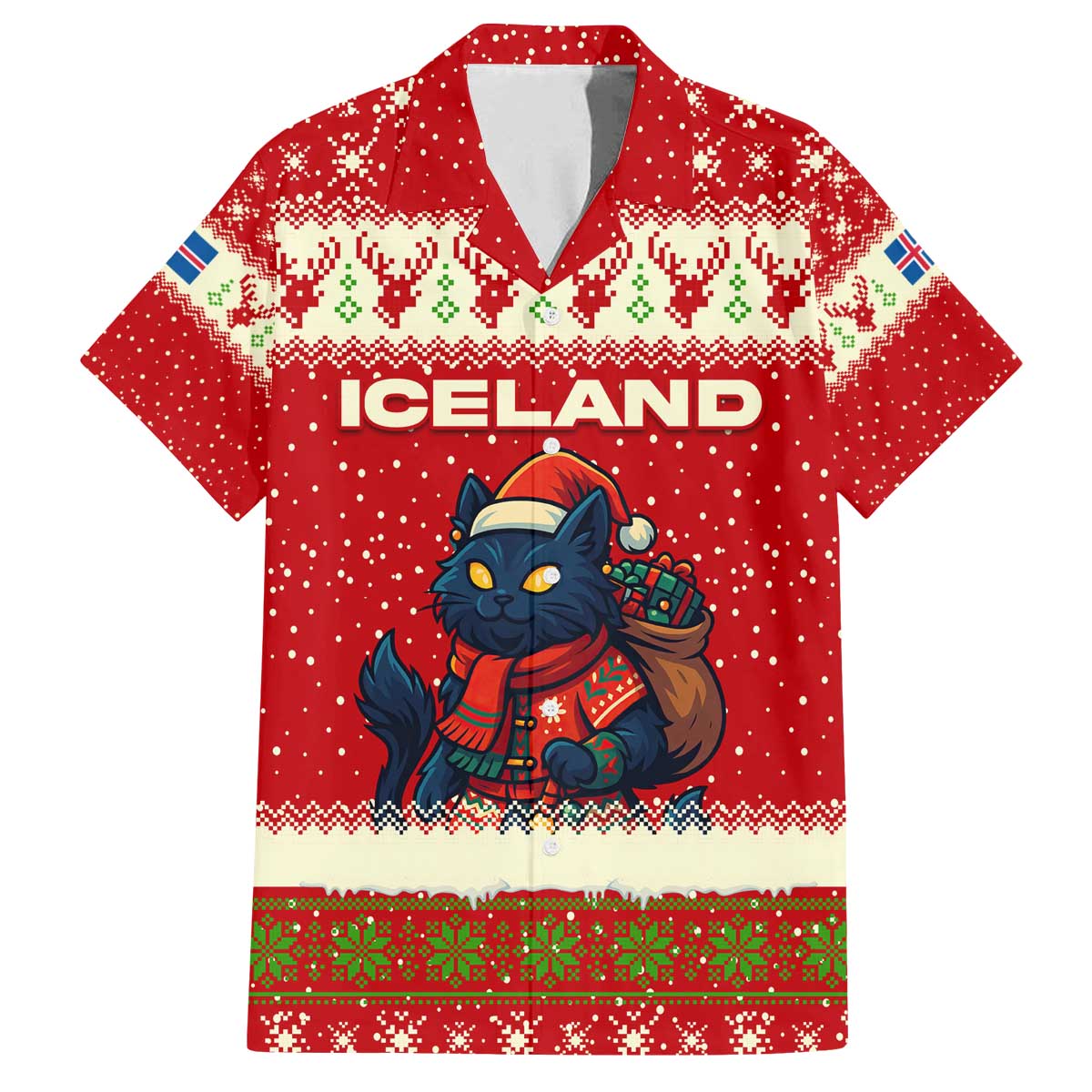 Iceland Christmas Family Matching Off The Shoulder Long Sleeve Dress and Hawaiian Shirt with Red Snowflake Pattern Yule Cat and National Coat of Arms Motif - Wonder Print Shop