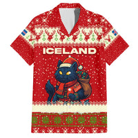 Iceland Christmas Family Matching Off The Shoulder Long Sleeve Dress and Hawaiian Shirt with Red Snowflake Pattern Yule Cat and National Coat of Arms Motif - Wonder Print Shop