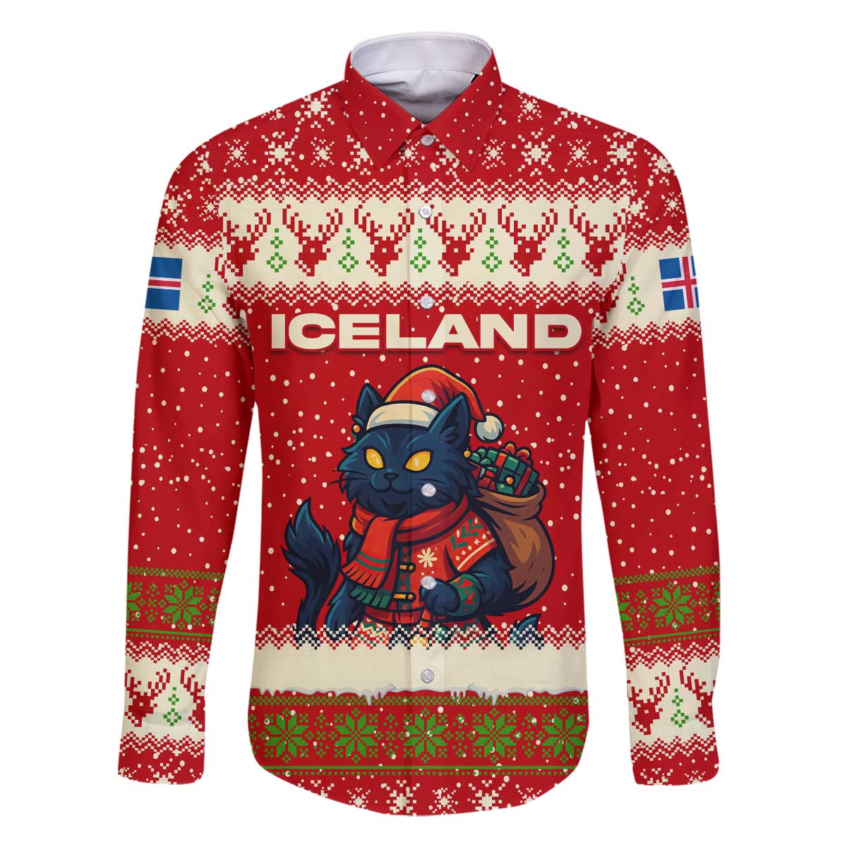 Iceland Christmas Family Matching Off The Shoulder Long Sleeve Dress and Hawaiian Shirt with Red Snowflake Pattern Yule Cat and National Coat of Arms Motif - Wonder Print Shop