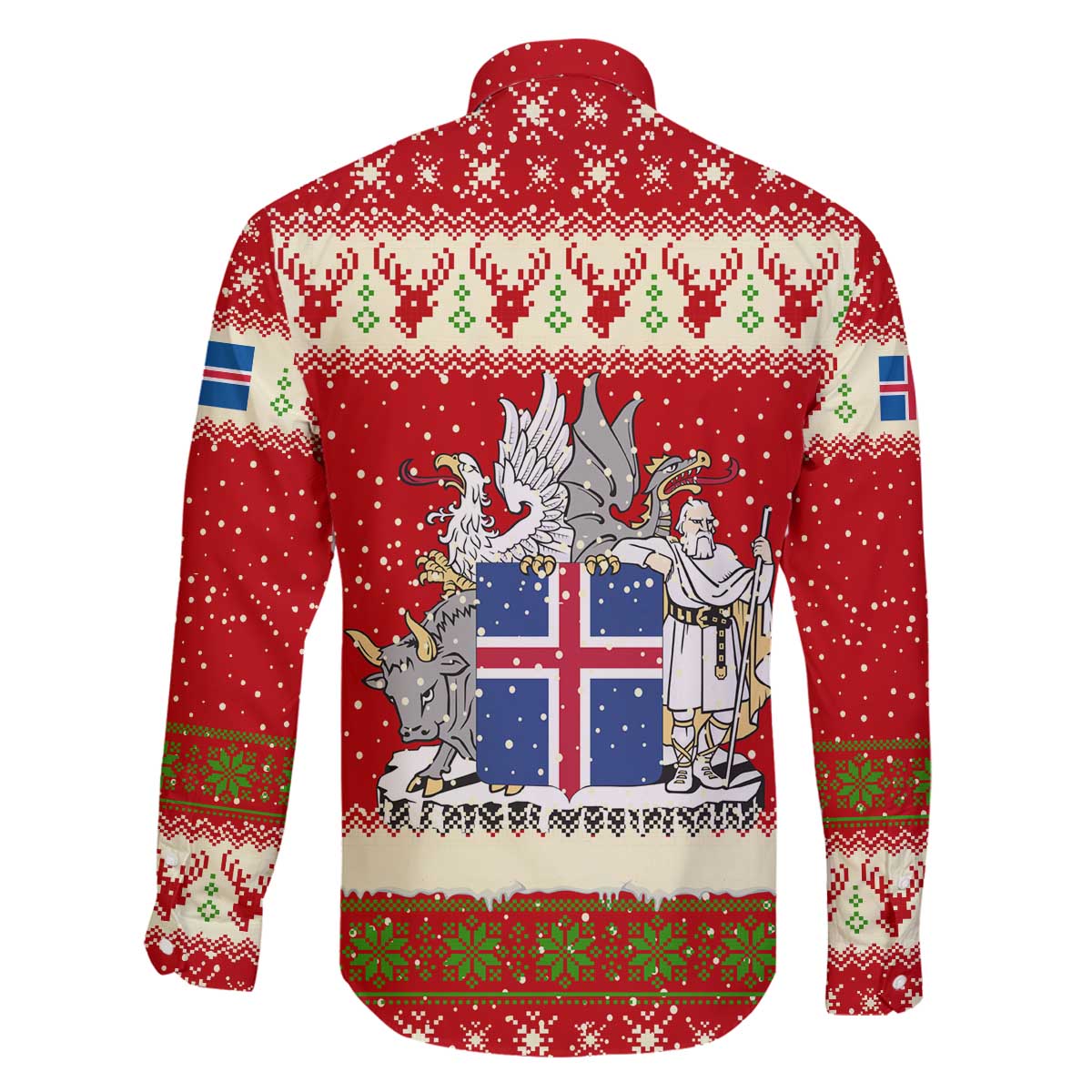 Iceland Christmas Family Matching Off The Shoulder Long Sleeve Dress and Hawaiian Shirt with Red Snowflake Pattern Yule Cat and National Coat of Arms Motif - Wonder Print Shop