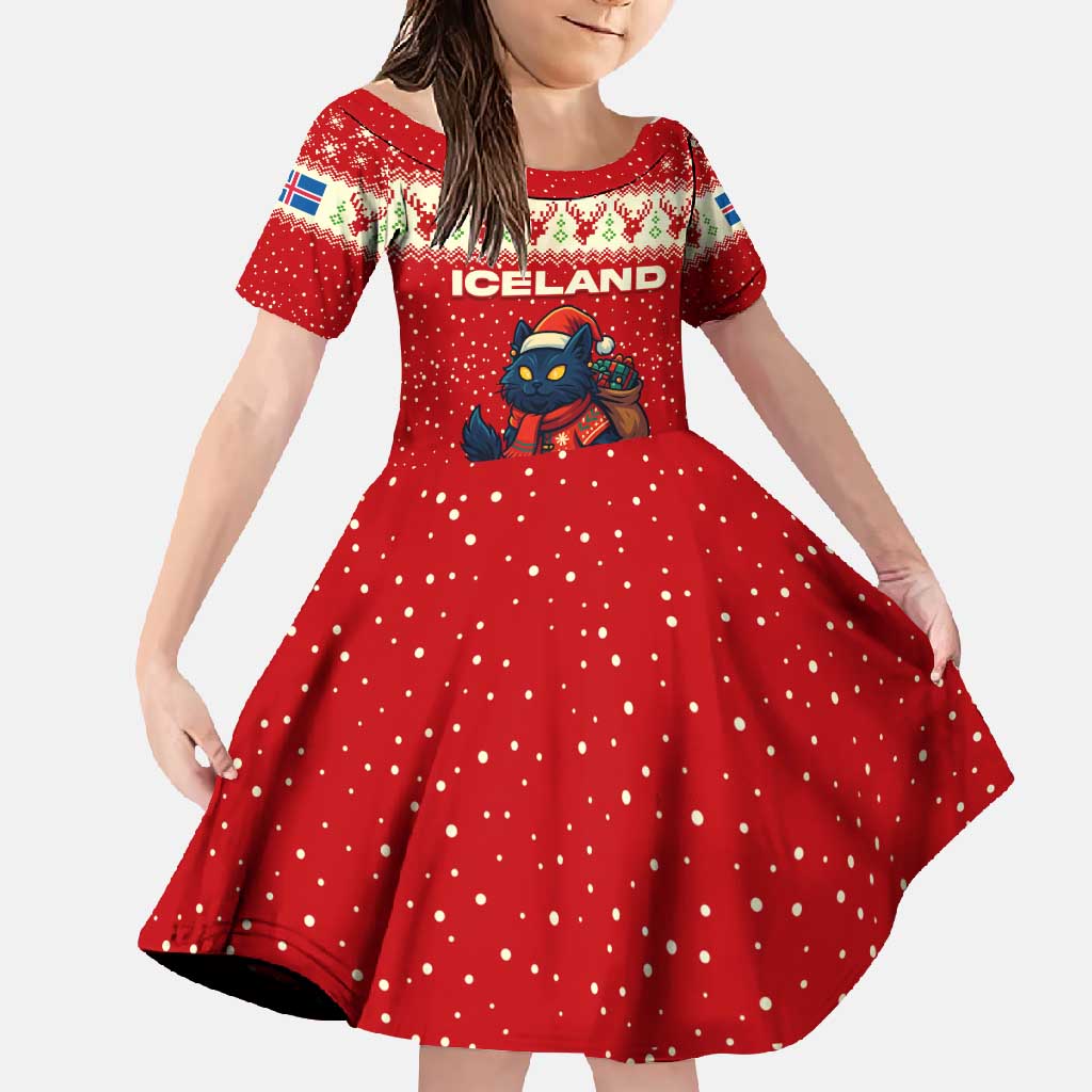 Iceland Christmas Family Matching Off Shoulder Maxi Dress and Hawaiian Shirt with Red Snowflake Pattern Yule Cat and National Coat of Arms Motif - Wonder Print Shop