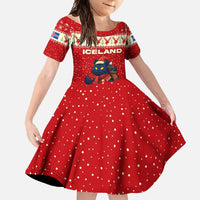 Iceland Christmas Family Matching Off Shoulder Maxi Dress and Hawaiian Shirt with Red Snowflake Pattern Yule Cat and National Coat of Arms Motif - Wonder Print Shop