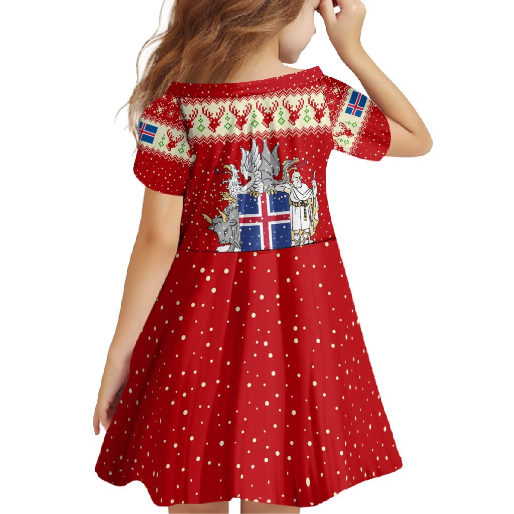 Iceland Christmas Family Matching Off Shoulder Maxi Dress and Hawaiian Shirt with Red Snowflake Pattern Yule Cat and National Coat of Arms Motif - Wonder Print Shop