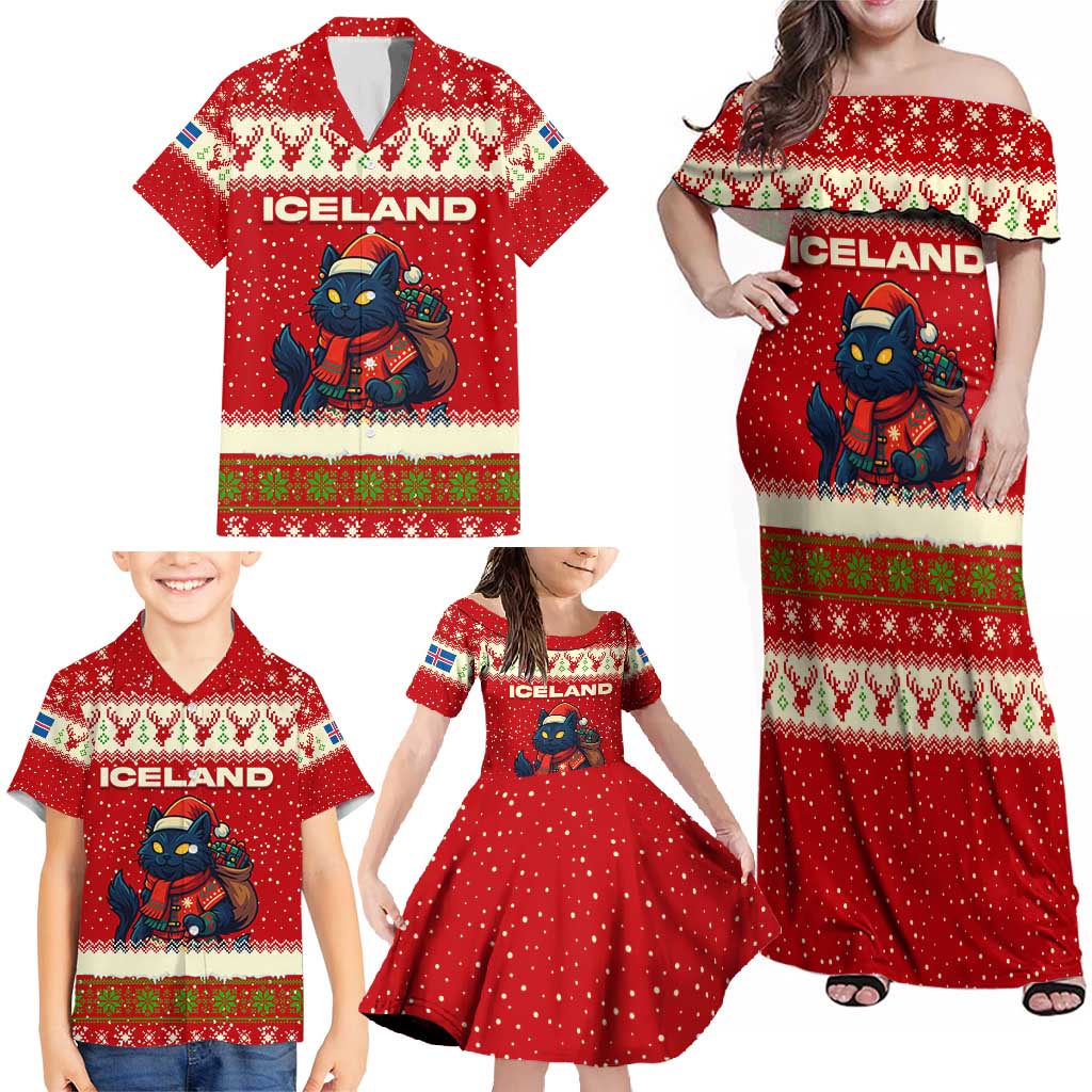 Iceland Christmas Family Matching Off Shoulder Maxi Dress and Hawaiian Shirt with Red Snowflake Pattern Yule Cat and National Coat of Arms Motif - Wonder Print Shop