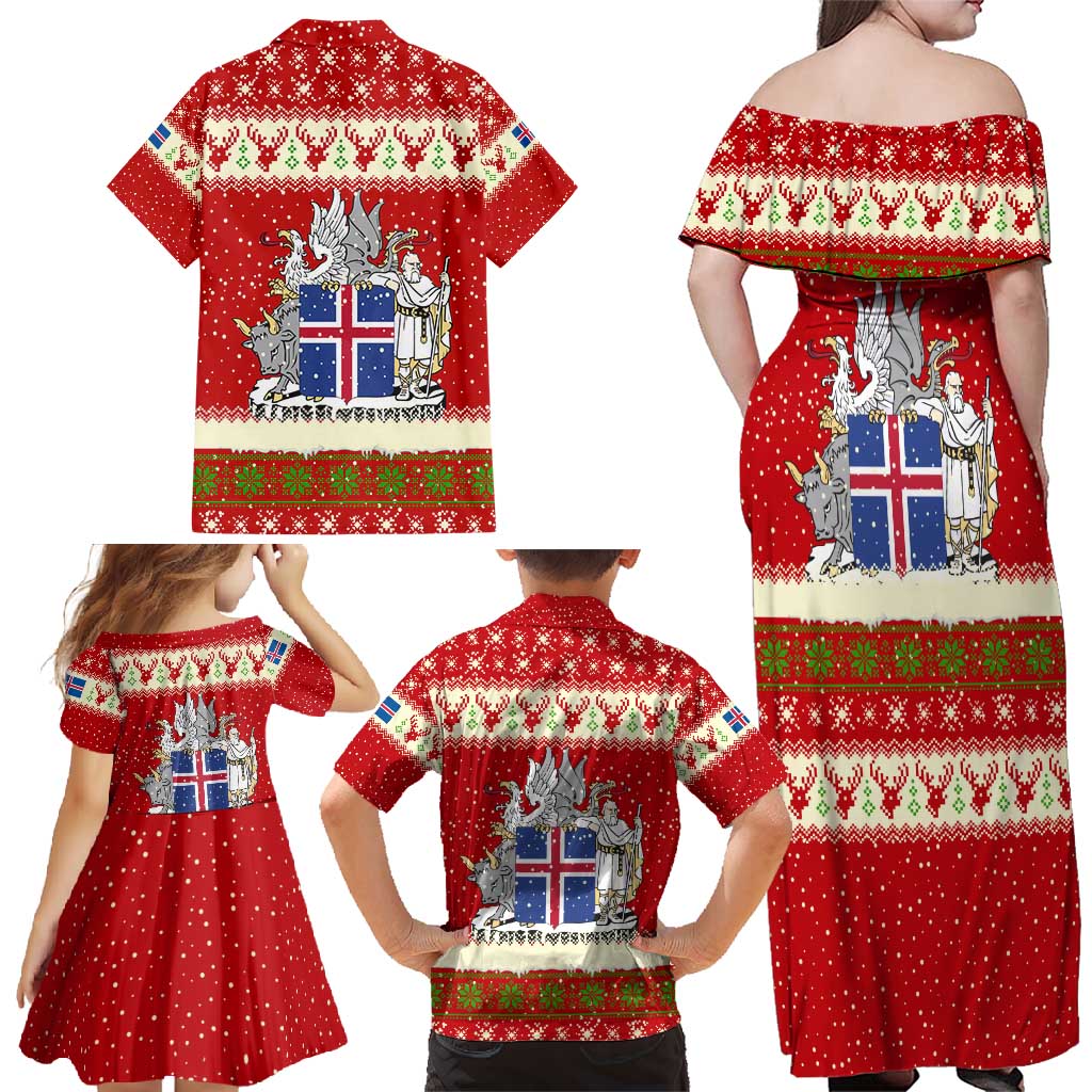 Iceland Christmas Family Matching Off Shoulder Maxi Dress and Hawaiian Shirt with Red Snowflake Pattern Yule Cat and National Coat of Arms Motif - Wonder Print Shop