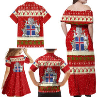 Iceland Christmas Family Matching Off Shoulder Maxi Dress and Hawaiian Shirt with Red Snowflake Pattern Yule Cat and National Coat of Arms Motif - Wonder Print Shop