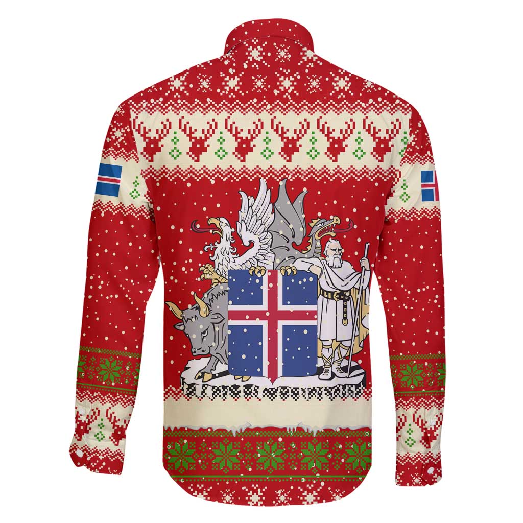Iceland Christmas Family Matching Off Shoulder Maxi Dress and Hawaiian Shirt with Red Snowflake Pattern Yule Cat and National Coat of Arms Motif - Wonder Print Shop