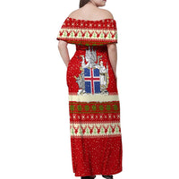 Iceland Christmas Family Matching Off Shoulder Maxi Dress and Hawaiian Shirt with Red Snowflake Pattern Yule Cat and National Coat of Arms Motif - Wonder Print Shop